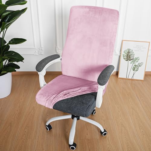 Image of FORCHEER Velvet Large Office Chair Cover Pink Stretchable Computer Armchair Slipcover for Desk Chair Elastic Protector for Pets 1 Piece Washable Removable
