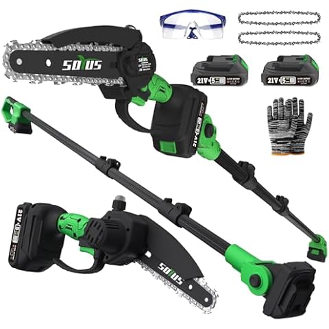 SOYUS 2-IN-1 Cordless Pole Saw & Mini Chainsaw, 21V 6-Inch Electric Pole Chainsaw Battery Powered, Auto Oiling, 14FT MAX Reach Pole Saw for Tree Trimming (2x2.0Ah Batteries & Charger Included) Cover