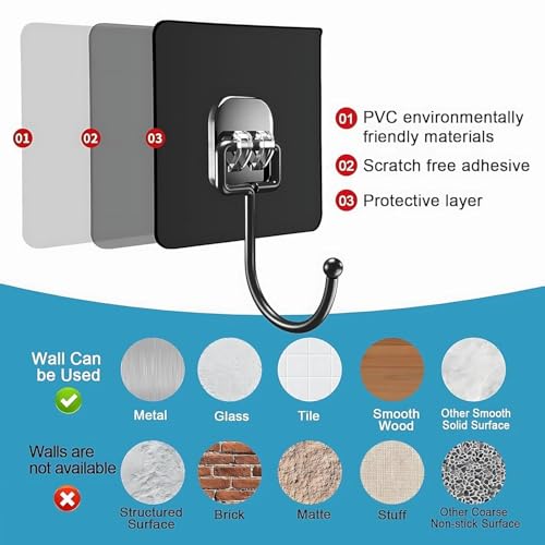 Image of 5 Pcs Black Large Adhesive Hooks for Wall Heavy Duty Waterproof Wall Hooks for Hanger Hooks, Stainless Steel Towel and Coats Wall Hook to Use Inside Kitchen, Bathroom, Home and Office