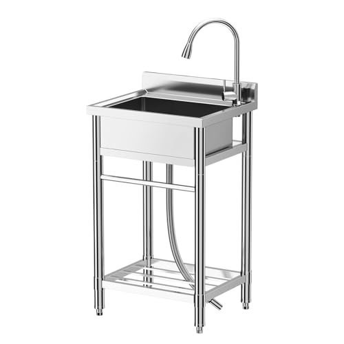 Garvee Stainless Steel Sink, 24x20x41 in Freestanding Single Trough Commercial Kitchen Sink Set with Faucet, NSF Certificated, Commercial Single Bowl