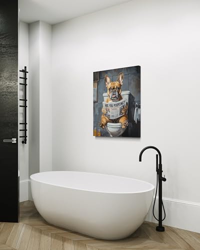 Image of French Bulldog on Toilet Wall Art Print Canvas Wrapped, Dog Bathroom Humor Decor Posters Prints for Restroom Home Picture Painting Artwork Gallery 7 (French Bulldog, 20 inchL x 16 inchW CANVAS, Wrapped Canvas)