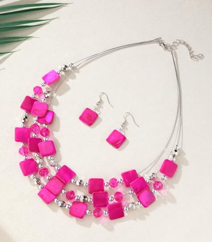 Layered Beaded Statement Necklaces for Women Square Shell Bead Collar Necklace and Earring Set Birthday Gifts Boho Jewelry Sets for Women2