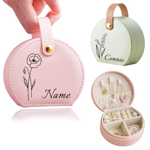 HJX Personalized Travel Jewelry Case Custom Name & Birth Flower Jewelry Organizer Box,Personalized Gift for Girls Woman Bridesmaid (01-Birthflower)