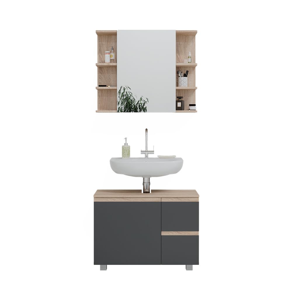 Vicco Set mobili bagno J-Shape, Sonoma, 80 cm, composto da specchio da bagno e mobile sottolavabo