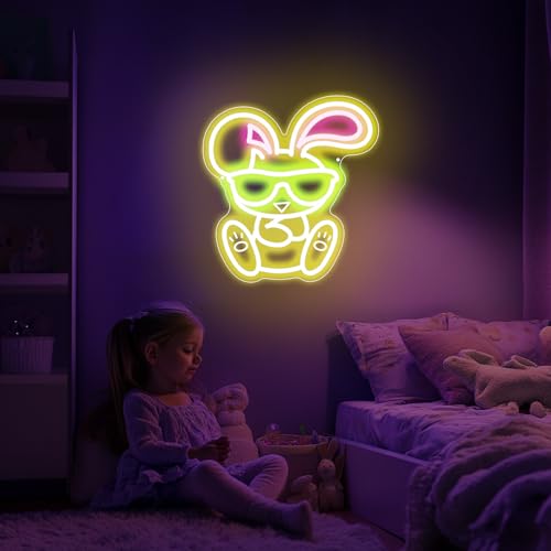 Image of Wearing Sunglasses Bunny Neon Sign, Rabbit Neon Bunny Dimmable Cute LED Neon Light for Animal Wall Bar Club Bedroom Windows Glass Hotel Decor, Room Neon Sign 13x12 inch