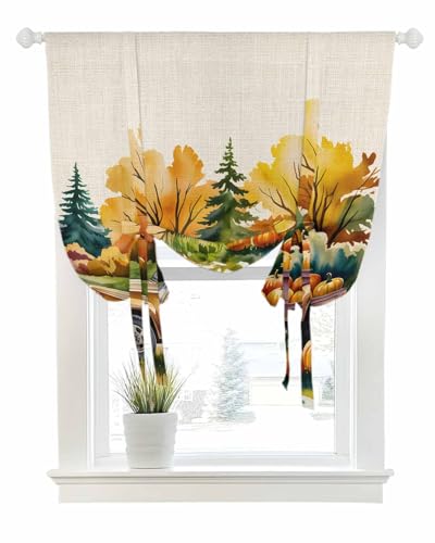 Tie Up Curtains for Windows Autumn Forest Truck Rod Pocket Tie-Up Window Shade Adjustable Balloon Curtain Valance Retro Pumpkin on Linen for Bedroom Kitchen Bathroom Blinds,52x45in
