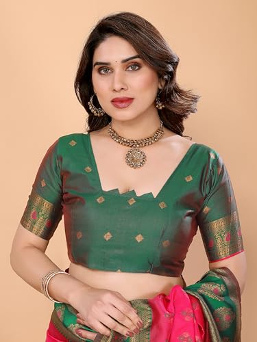 Image of Women's Kanjivaram Soft Silk Saree with Unstitched Blouse Piece Banarasi Weave Type and Jacquard Zari Design for Wedding and Parties