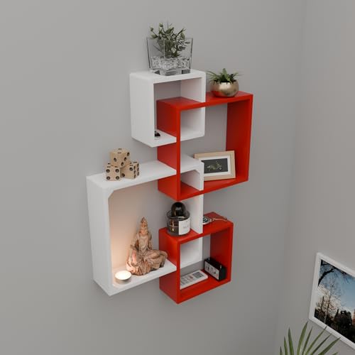 Image of ETIQUETTE ART Floating Cube Shelves - Intersecting Wall Mounted Decor for Bedrooms, Living Rooms & More - Set of 4 Box Shelves (Red & White)