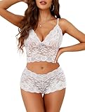 Lilosy Sexy Women Floral Lace Pajamas Lingerie Set High Waist Sheer Sleepwear See Through Nightwear Cami Shorts Bra and Panty 2 Piece White X-Large