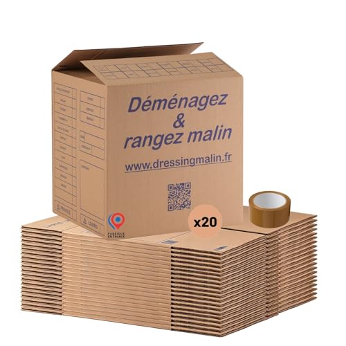 Lot de 20 Cartons Livres 34x26x32 cm – Fabriqués en France + 1 Rouleau Adhésif 68m | Multi-Usage & Robustes