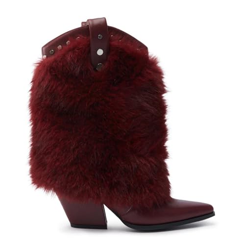 Faux Fur Cowboy Boots for Women Furry Western Cowgirl Mid Calf Boots Pointed Toe Chunky Heel Winter Warm Booties2