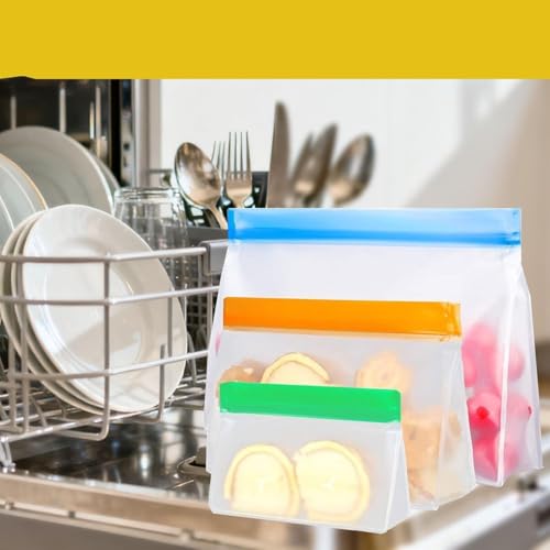 3 sacos reutilizáveis de silicone para congelador, sacos de silicone para armazenamento de alimentos de fundo plano, sacos reutilizáveis de armazenamento de alimentos, sacos com zíper, almoço em casa