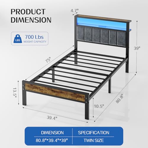 Image of Liians Twin Size Platform Bed Frame with LED Lights, Grey Upholstered Headboard with 2-Tier Storage Shelves, Charging Station, Noise Free, No Box Spring Needed, Easy Assemably