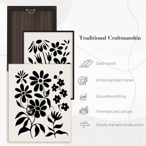 SERIMINO Black and White Wall Art Framed Bedroom Decor Aesthetic, Botanical Floral Canvas Wall Art for Living Room Boho, Set of 3 Flower Market Prints Farmhouse Wall Decor,12 x16 inch