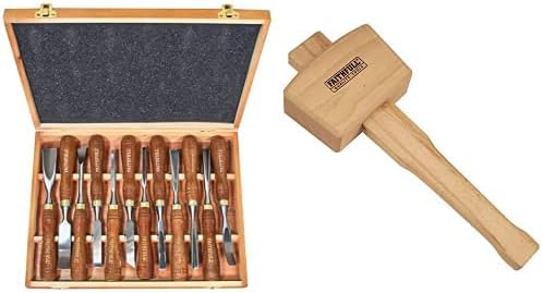 Faithfull FAIWCSET12 Wood Carving Chisels Set of 12 in Presentation Case & FAICM4 Carpenters Beech Mallet 4in