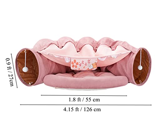 Image of 2 in 1 Cat Tunnel Bed Tube with Cushion and Plush Ball Toy Playground Crinkle Collapsible for Large Cats Kittens Kitty Puppy Small Dog Foldable Soft Pet Play Bed Indoor Outdoor- Pink Cat Tunnel Bed