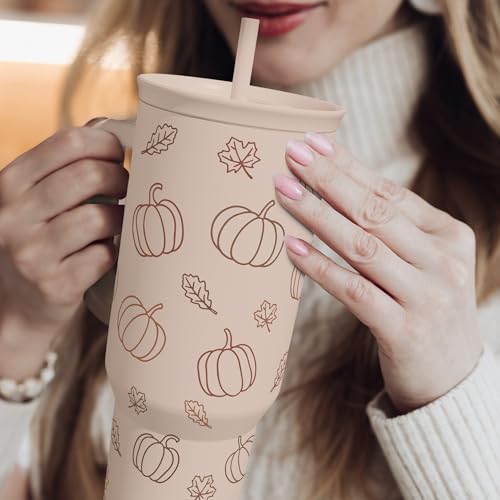 Image of SANDJEST Pumpkin Tumbler with Handle and Straw 40oz - Stainless Sleel Slider Tumbler Travel Coffee Mug for Women - Gift Idea for Fall Autumn Halloween