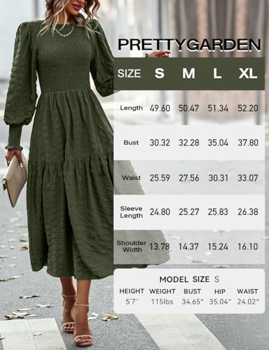 Image of PRETTYGARDEN Women 2026 Spring Puff Long Sleeve Crewneck Smocked Maxi Dress Empire Waist Tiered A-line Swing Flowy Long Dress