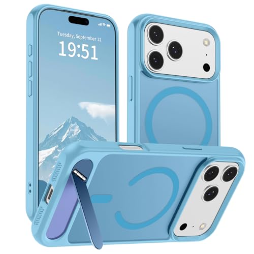 Image of SUPFINE Magnetic for iPhone 17 Pro Case Translucent Matte Phone Cover | (Built-in Invisible Kickstand)(Compatible with MagSafe)(Military Grade Drop Protection) Candy Blue