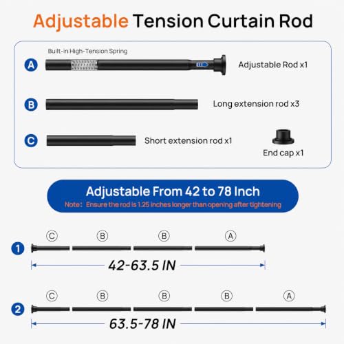 Image of ALLZONE Adjustable Tension Curtain Rod, 2 Pack 42 to 78 Inches, Spring Loaded Curtain Rods No Drilling, Renter Friendly Tension Rod for Windows, Shower, Closet, No Drill, Non-Slip, Black