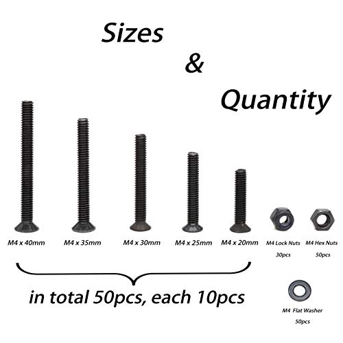 180pcs M4 x 20mm/ 25mm/ 30mm/ 35mm/ 40mm Black Flat Phillips Head Screws Hex Nuts Self Lock Nuts Flat Washers Assortment Kit, Carbon Steel Grade 4.8