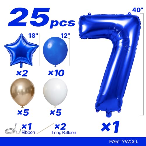 Image of PartyWoo Royal Blue Number 7 Balloon 40 Inch 25pcs Blue Star White Gold