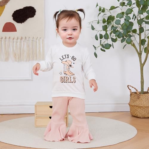 Toddler Baby Girls Fall Clothes Western Cowgirl Outfit Let's Go Girls Sweatshirt and Ribbed Flare Pants Set2