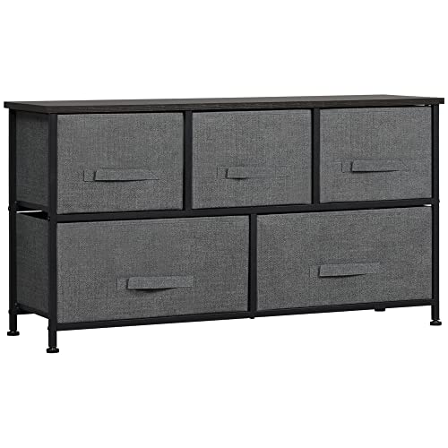 HOMCOM Commode Meuble de Rangement 100 x 30 x 54 cm 5 tiroirs Non-tissés Gris foncé Structure Acier Noir Aspect Bois