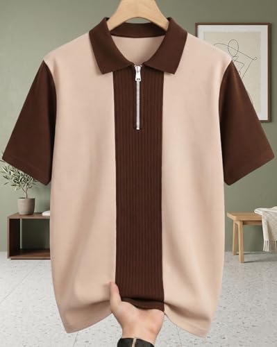 AUSK Women's Zip Neck Polo T-Shirt Beige Beige & Brown - Image 3
