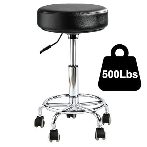 Rolling Stool with Wheels, Comfort Cushion Professional Swivel Drafting Stool, Height Adjustable Heavy Duty 500 lb Stool with Silent Casters and Foot Ring for Salon Tattoo Clinic Home Office, Black