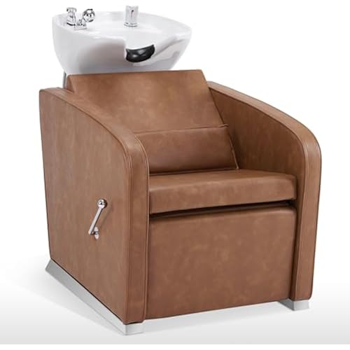 BarberPub Shampoo Chair and Bowl Set, Adjustable Leg Rest, 9303 (Brown)