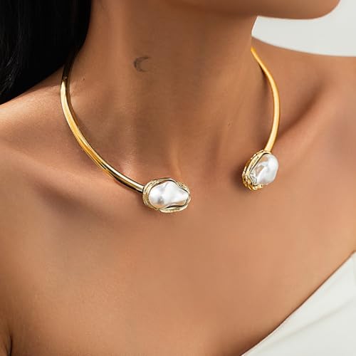 3 Pcs Metal Big Pearl Open Choker Necklace Bracelet Rings for Women Adjustable Gold Baroque Pearl Choker Necklaces Round Necklace Suitable for Party ummer Beach Bead Body Chain Jewelry2