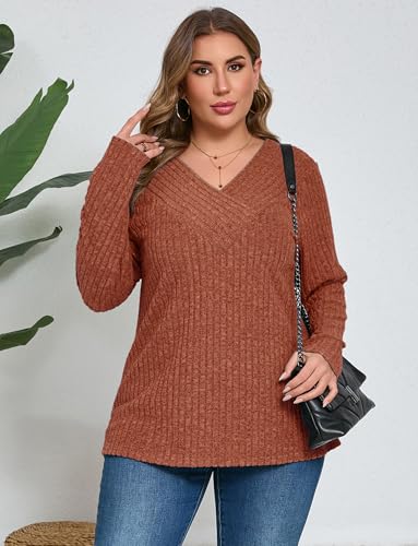 Image of Plus Size Sweaters for Women Casual V Neck Tops Long Sleeve Shirts Oversized Lightweight Knit Sweater