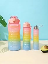 طقم زجاجات مياه متدرجة الألوان مع مؤشرات زمنية بثلاثة أحجام مع مقبض للحمل، وردي قوس قزح إلى الأزرق