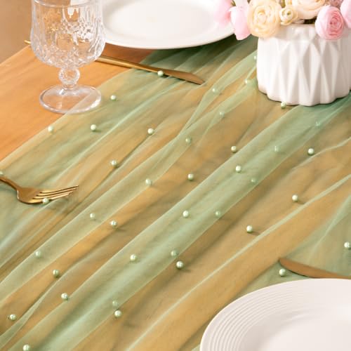 Image of MLMC Sage Green Pearl Table Runner Boho Rustic Tulle Table Runner with Pearls 10ft 29 inchx120 inch Cheesecloth Table Decor for Wedding Bridal Shower Anniversary Home Decoration