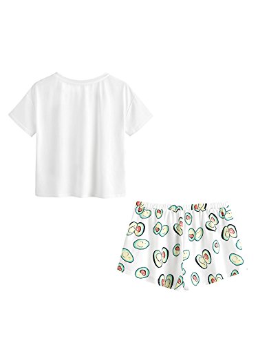 Didk Women's Cute Cartoon Print Tee And Shorts Pajama Set Avocado White Medium #TOP1