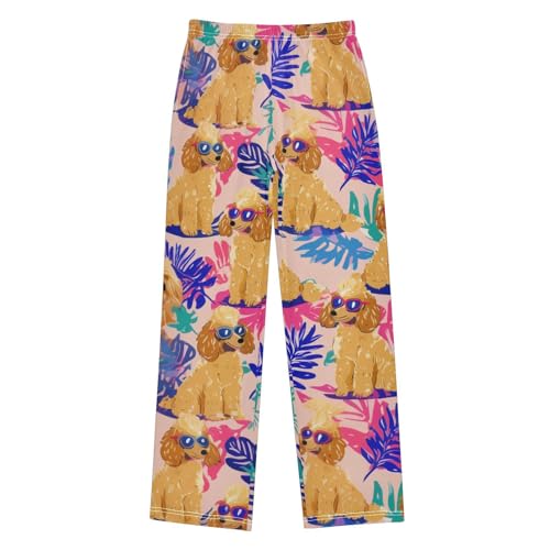 Poodle Palm Leaf Boys Long Pants Soft Trousers Elastic Waist Kids Lounge Bottoms with Pockets S-XL