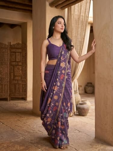 Image of SAMANTHA Black Floral Print Ready to Wear Linen Saree with Pocket & Adjustable Belt