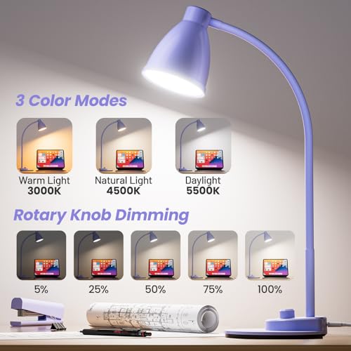 Image of BOHON LED Desk Lamp with USB Charging Port, 3 Color Modes Dim, Lilac Purple | Reading Lamp, Auto Dimming Task Lamp, Flexible Neck Table Light for Office Dorm Bedside, Adapter Include