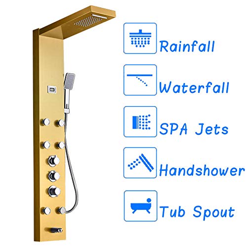Columna de ducha termostática con cascada, panel de ducha para baño en níquel con jets de masaje y salida para bañera - Dorado miniatura 2