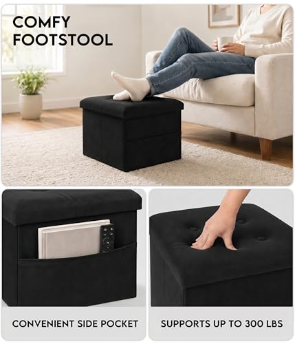 Image of Zoes Homeware Small Storage Ottoman Foot Rest, Velvet Ottoman with Storage and Side Pocket, Black Foot Rest for Couch, Foldable Footstool for Chair, Living Room&Dorm, 16 inchx12 inchx12 inch