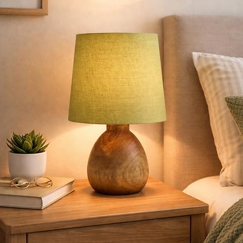 Image of Wooden Bedside Table Lamp with Fabric Shade, Warm Ambient Light, Handmade Mango Wood Base, Rustic Farmhouse Design, Cute Dowel Green, 15 x 15 x 25 cm