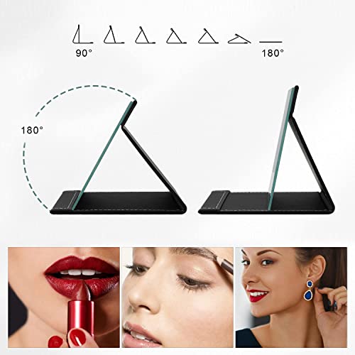 Image of Portable Folding HD Makeup Mirror, Frameless Slim PU Leather Desktop Mirror with Adjustable Stand for Personal Use, Travel, Desktop (Set of 2, Black)