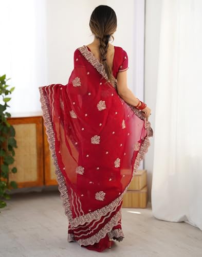 Image of SIRIL Women's Chiffon Scalloped Border Sequins Embroidery Saree with Unstitched Blouse Piece