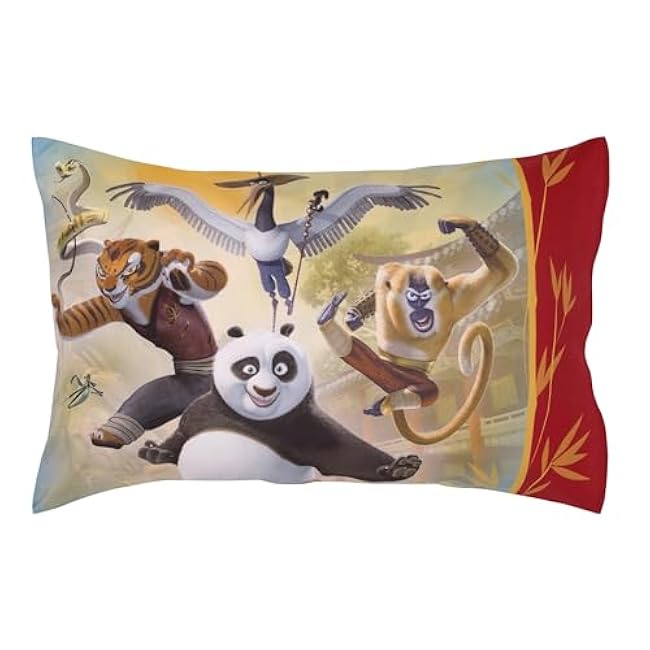 NoJo DreamWorks Kung Fu Panda Dragon Warrior Red and Gold Po and Friends 4 Piece Toddler Bed Set - Comforter, Fitted Bottom Sheet, Flat Top Sheet, and Reversible Pillowcase