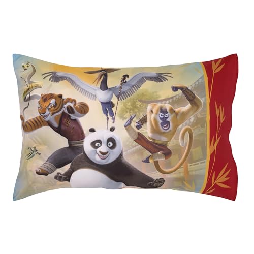 Image of DreamWorks Kung Fu Panda Dragon Warrior Red and Gold Po and Friends 4 Piece Toddler Bed Set - Comforter, Fitted Bottom Sheet, Flat Top Sheet, and Reversible Pillowcase