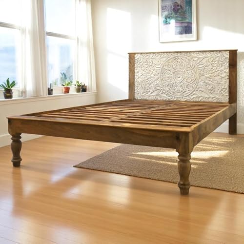 Sundara Furnishings Hand-Crafted Solid Wood Queen Bed Frame, Natural Whitewash Finish, Hand-Carved Headboard, 84.5 x 62 inches