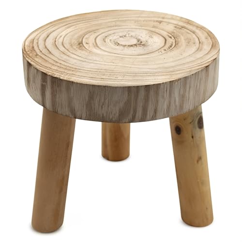 Spetebo Tabouret rond en bois naturel - 22 x 20 cm - Tabouret décoratif en bois naturel avec 3 pieds - Tabouret en bois massif pour plantes et fleurs en pot