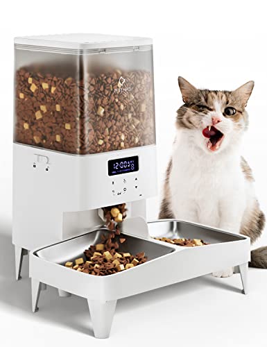 PETEMPO Futterautomat, 5L Katzenfutter Automat, Automatischer Futterspender für 2 Katzen, Hund 2 Näpfe mit Timer, Ton-Aufnahmefunktion, bis zu 6 Mahlzeiten am Tag