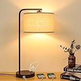 Side Table Lamp with Dual USB Ports, Dimmable Bedside Lamp Modern Nightstand Lamp Desk Reading Lamp with Linen Lampshade for Bedroom, Living Room, Study Room, Office, 8W 2700K LED Edison Bulb Included